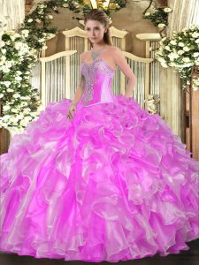 High Quality Organza Sweetheart Sleeveless Lace Up Beading and Ruffles Sweet 16 Quinceanera Dress in Lilac
