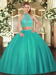 Two Pieces Quinceanera Gowns Turquoise Halter Top Tulle Sleeveless Floor Length Criss Cross