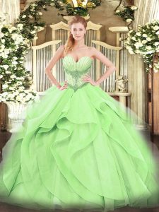 Custom Fit Yellow Green Ball Gowns Sweetheart Sleeveless Tulle Floor Length Lace Up Beading and Ruffles Quinceanera Gowns