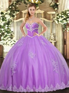 Sleeveless Floor Length Beading and Appliques Lace Up Sweet 16 Quinceanera Dress with Lavender