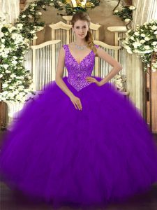 Fantastic Purple Sleeveless Beading and Ruffles Floor Length Quinceanera Dress