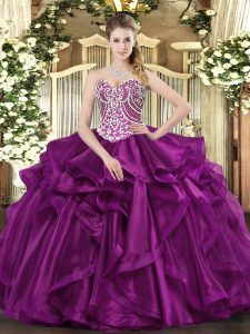 Trendy Fuchsia Ball Gown Prom Dress Military Ball and Sweet 16 and Quinceanera with Beading and Ruffles Sweetheart Sleeveless Lace Up
