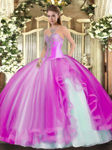 Sweet Fuchsia Lace Up Sweetheart Beading and Ruffles Quinceanera Gowns Tulle Sleeveless