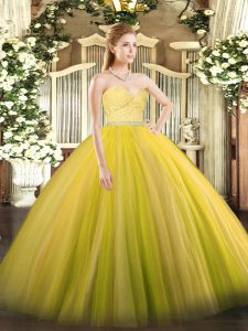 Gold Zipper 15 Quinceanera Dress Beading and Lace Sleeveless Floor Length