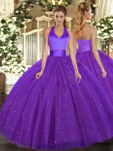High Class Sleeveless Tulle Floor Length Lace Up 15th Birthday Dress in Purple with Sequins