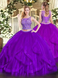 Suitable Organza Scoop Sleeveless Lace Up Beading and Ruffles Sweet 16 Dress in Purple