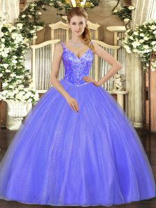 Lavender Ball Gowns Beading Quinceanera Dress Lace Up Tulle Sleeveless Floor Length