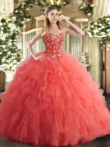 Watermelon Red Ball Gowns Sweetheart Sleeveless Tulle Floor Length Lace Up Embroidery and Ruffles Sweet 16 Dresses