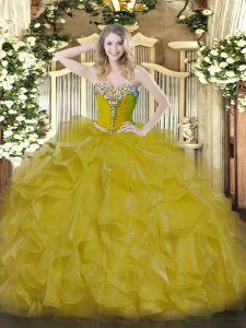 Gold Sleeveless Organza Lace Up Quince Ball Gowns for Military Ball and Sweet 16 and Quinceanera