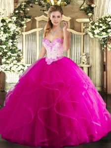 Sweetheart Sleeveless 15 Quinceanera Dress Floor Length Beading and Ruffles Fuchsia Tulle