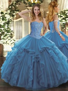 Simple Sleeveless Tulle Floor Length Lace Up Quinceanera Gown in Teal with Beading and Ruffles