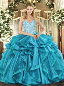 Teal Sleeveless Beading and Appliques and Ruffles Floor Length Vestidos de Quinceanera