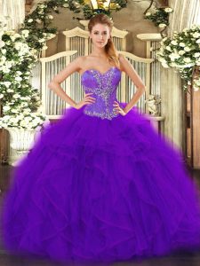 Beading and Ruffles 15 Quinceanera Dress Purple Lace Up Sleeveless Floor Length