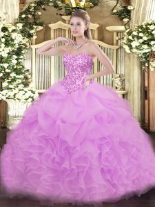 Custom Design Organza Sweetheart Sleeveless Lace Up Lace and Ruffles and Pick Ups Quinceanera Dresses in Lilac