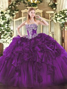 Floor Length Dark Purple Quinceanera Dress Organza Sleeveless Beading and Ruffles