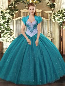 Sexy Teal Sleeveless Beading and Sequins Floor Length 15 Quinceanera Dress