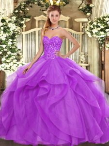 Gorgeous Floor Length Lilac 15 Quinceanera Dress Tulle Sleeveless Beading and Ruffles