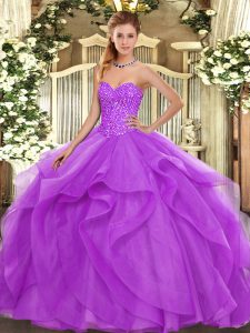 Gorgeous Floor Length Lilac 15 Quinceanera Dress Tulle Sleeveless Beading and Ruffles