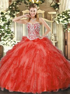 Floor Length Coral Red Quinceanera Gowns Tulle Sleeveless Beading and Ruffles