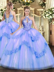 Stunning Sleeveless Floor Length Appliques and Sequins Lace Up Quinceanera Gown with Blue