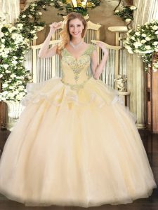 Suitable Champagne Ball Gowns Tulle V-neck Sleeveless Beading Floor Length Lace Up Vestidos de Quinceanera