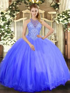 Floor Length Lavender Quinceanera Dresses Halter Top Sleeveless Lace Up