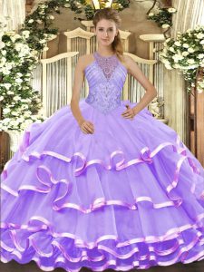 Custom Made Lavender Halter Top Neckline Beading and Ruffled Layers Quinceanera Dress Sleeveless Lace Up