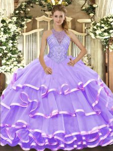 Custom Made Lavender Halter Top Neckline Beading and Ruffled Layers Quinceanera Dress Sleeveless Lace Up