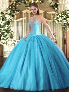 Aqua Blue Lace Up Sweetheart Beading Quinceanera Gown Tulle Sleeveless