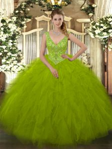 Olive Green V-neck Zipper Beading and Ruffles 15 Quinceanera Dress Sleeveless