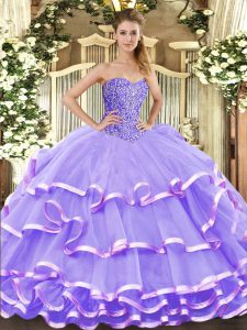 Lavender Organza Lace Up Sweetheart Sleeveless Floor Length Quinceanera Gowns Beading and Ruffled Layers