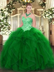 Green Organza Lace Up Sweet 16 Dress Sleeveless Floor Length Appliques and Ruffles