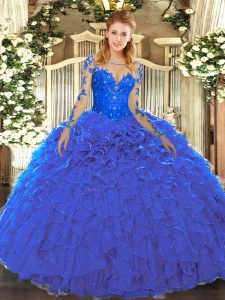 Super Blue Scoop Lace Up Lace and Ruffles Sweet 16 Dresses Long Sleeves