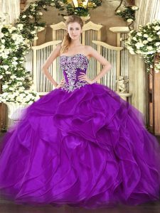 High Quality Floor Length Purple Sweet 16 Quinceanera Dress Strapless Sleeveless Lace Up