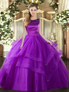 Scoop Sleeveless Lace Up Quince Ball Gowns Eggplant Purple Tulle