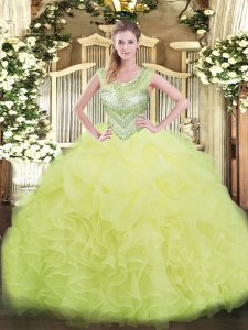 Beading and Ruffles and Pick Ups Quinceanera Dress Yellow Green Lace Up Sleeveless Floor Length