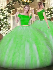 Chic Green Off The Shoulder Zipper Appliques and Ruffles 15th Birthday Dress Short Sleeves