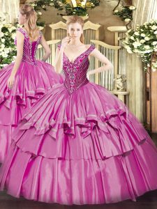 Wonderful Lilac Lace Up V-neck Beading and Ruffled Layers Quinceanera Dresses Organza and Taffeta Sleeveless