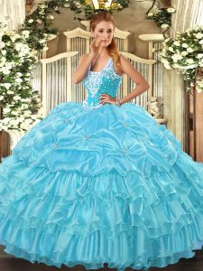Modest Organza Sleeveless Floor Length Quince Ball Gowns and Beading and Ruffled Layers and Pick Ups