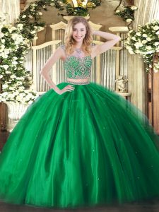 Fancy Scoop Sleeveless Quince Ball Gowns Floor Length Beading Green Tulle