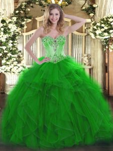 Fantastic Green Sleeveless Floor Length Beading and Ruffles Lace Up Quince Ball Gowns