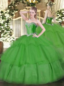 Green Lace Up Vestidos de Quinceanera Beading and Ruffled Layers Sleeveless Floor Length