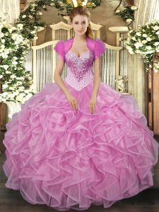 Beauteous Ball Gowns Sweet 16 Dresses Rose Pink Sweetheart Organza Sleeveless Floor Length Lace Up
