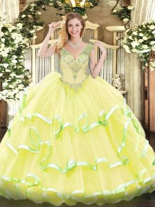 Yellow V-neck Lace Up Beading and Ruffled Layers Quince Ball Gowns Sleeveless