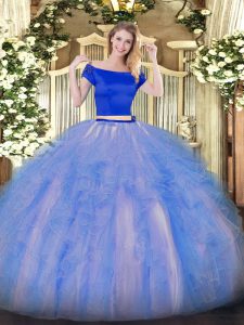 Enchanting Blue And White Two Pieces Tulle Off The Shoulder Short Sleeves Appliques and Ruffles Floor Length Zipper Sweet 16 Dress