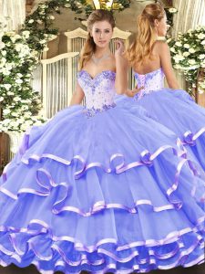 Most Popular Lavender Quinceanera Gowns Military Ball and Sweet 16 and Quinceanera with Beading and Ruffled Layers Sweetheart Sleeveless Lace Up