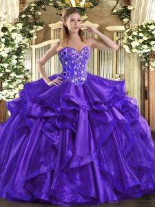Purple Organza Lace Up Sweetheart Sleeveless Floor Length Sweet 16 Dresses Embroidery and Ruffles