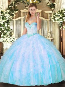 Artistic Floor Length Ball Gowns Sleeveless Aqua Blue Quinceanera Dresses Lace Up