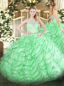 Hot Sale Apple Green Tulle Zipper Quinceanera Dress Sleeveless Brush Train Lace and Ruffles