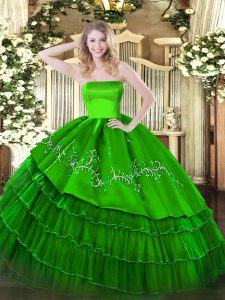 High Quality Green Organza and Taffeta Zipper Strapless Sleeveless Floor Length Sweet 16 Quinceanera Dress Embroidery and Ruffled Layers